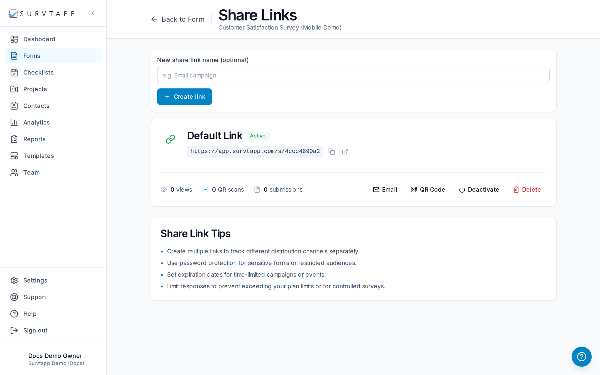Form share options: link, QR code and embed