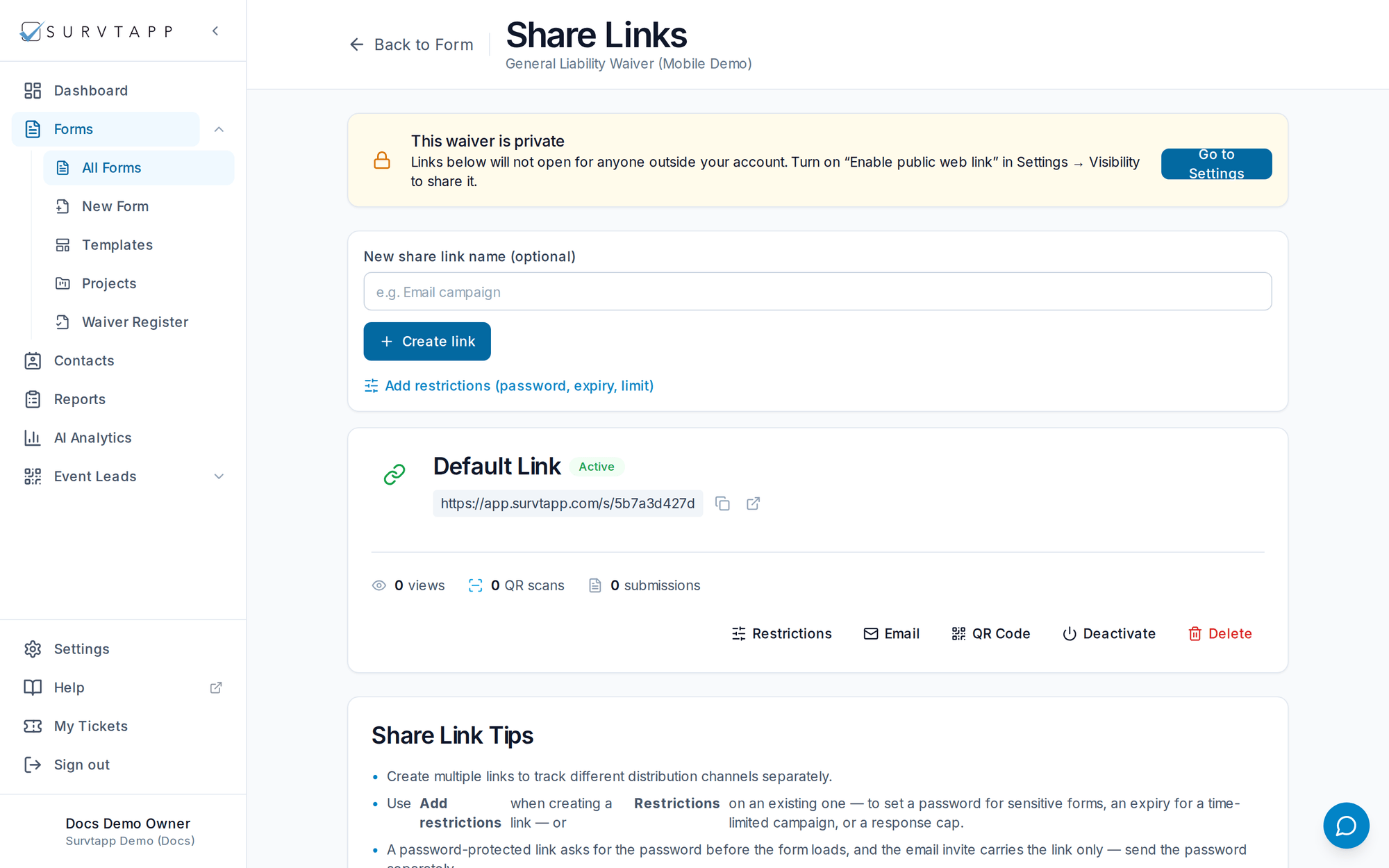 The Share Links page for a waiver, showing the private-waiver warning