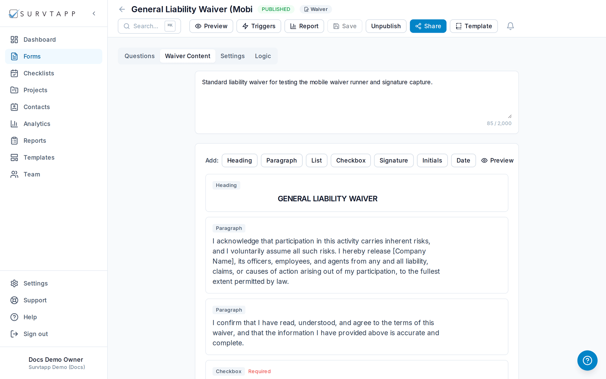Creating Waivers — screenshot