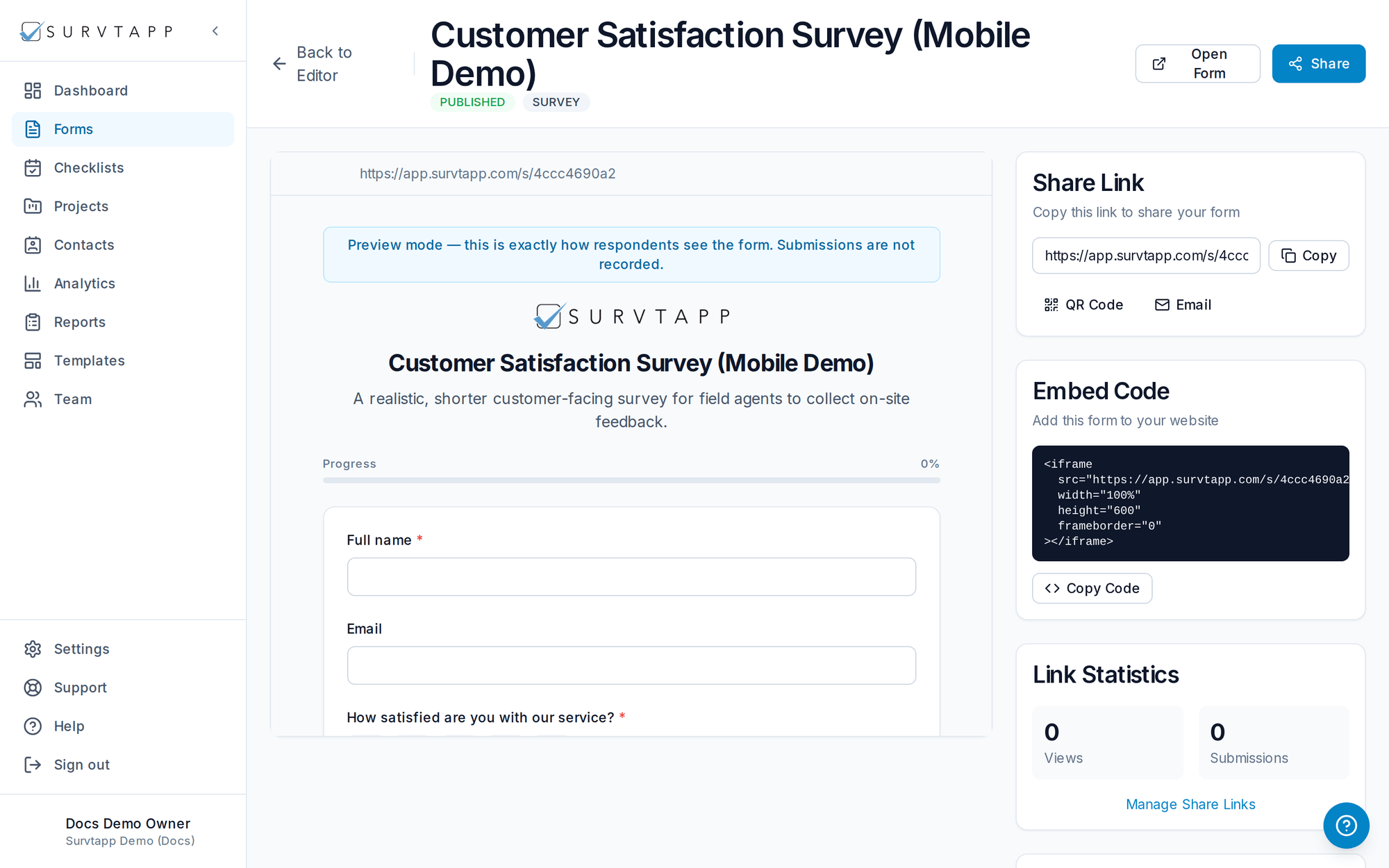 Previewing a form as a respondent would see it