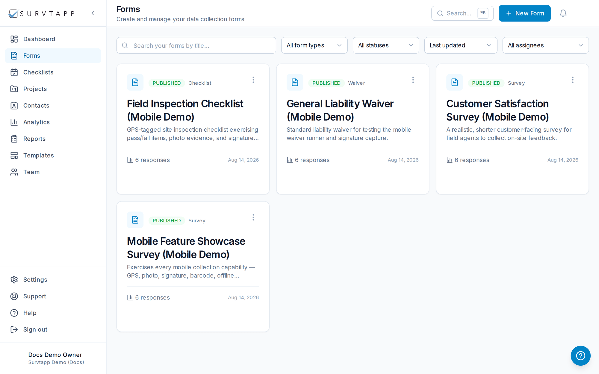 Form Types: Survey, Checklist & Waiver — screenshot