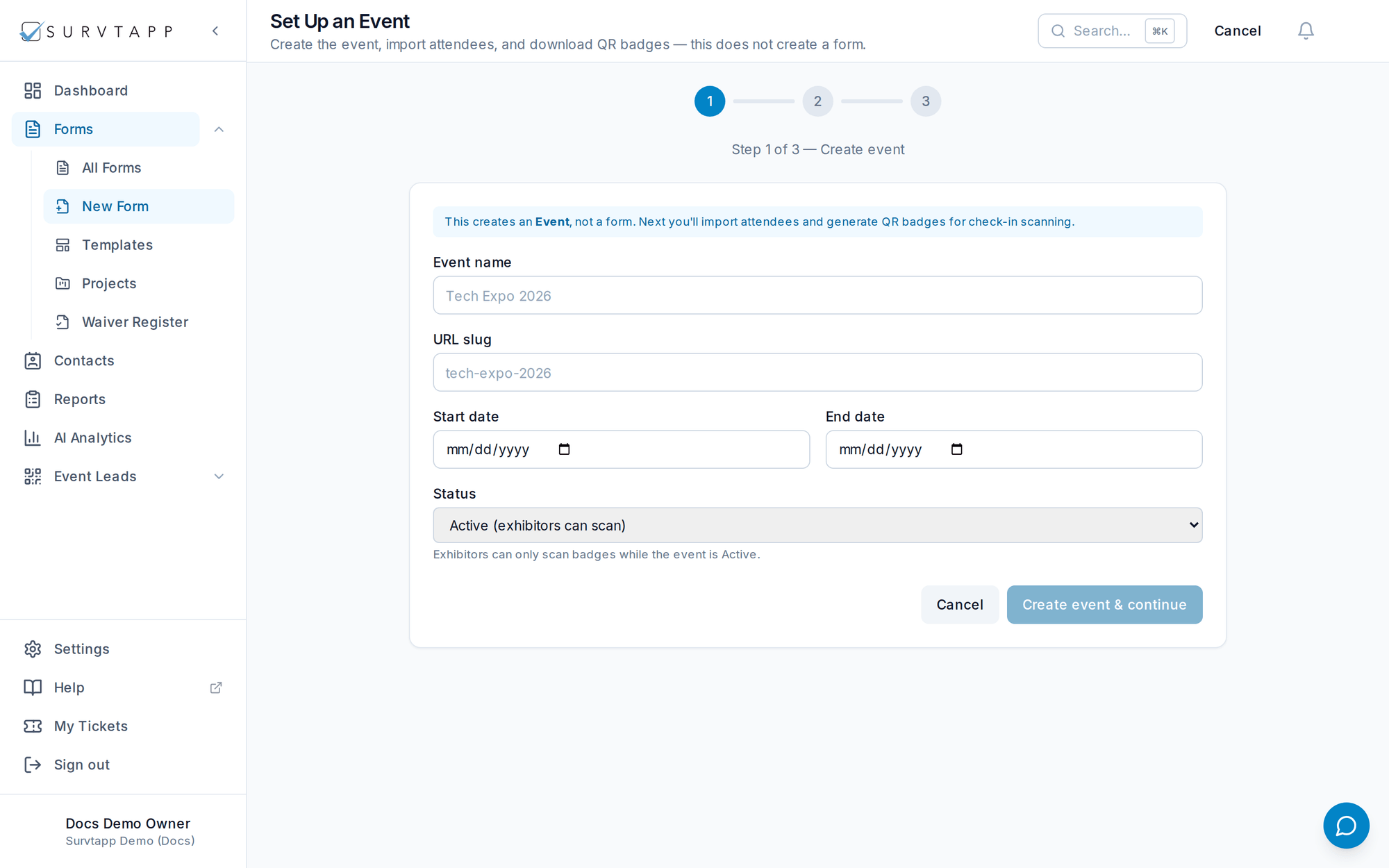 The three-step guided flow for setting up an event