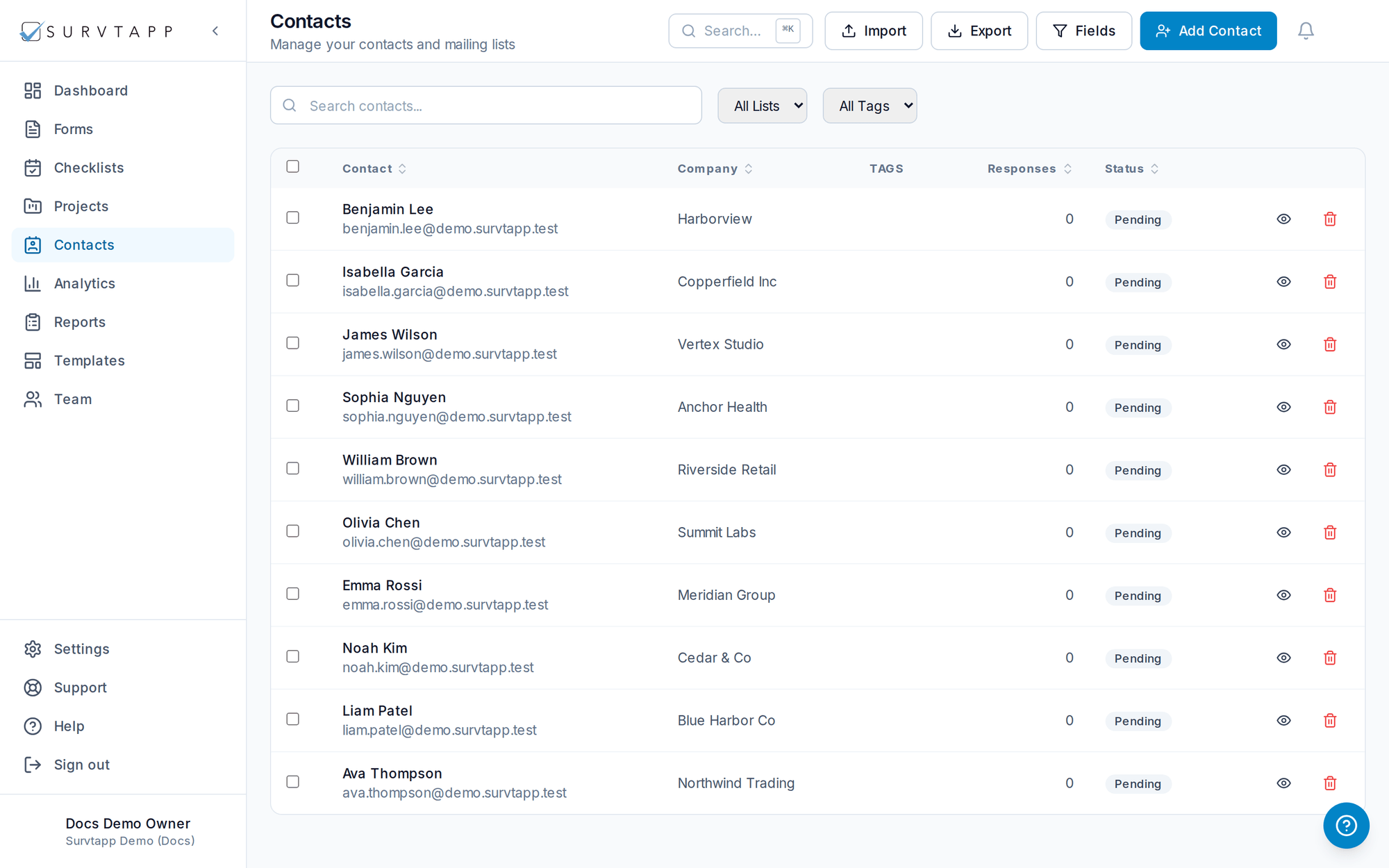 Contacts, Lists & Import/Export — screenshot