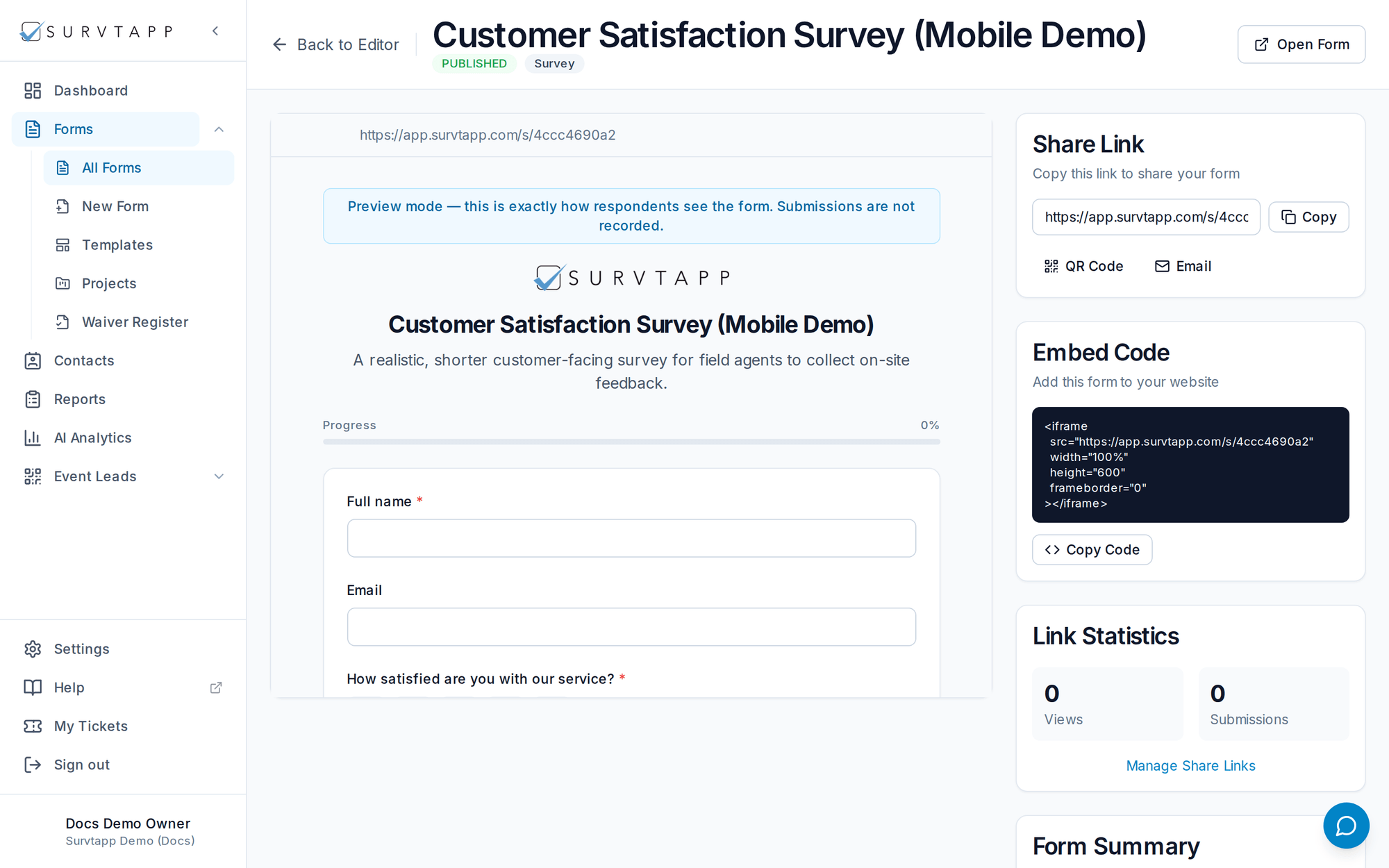 The Share Link and Embed Code cards on the form preview page