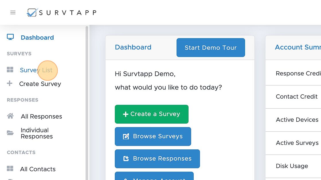 Screenshot of: Click "Survey List"