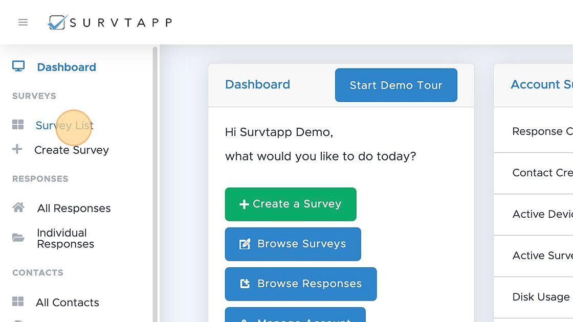 Screenshot of: Click "Survey List"