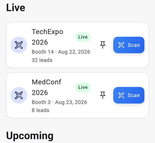 The Survtapp events screen on a phone: two live events with booth numbers, lead counts and a scan button each