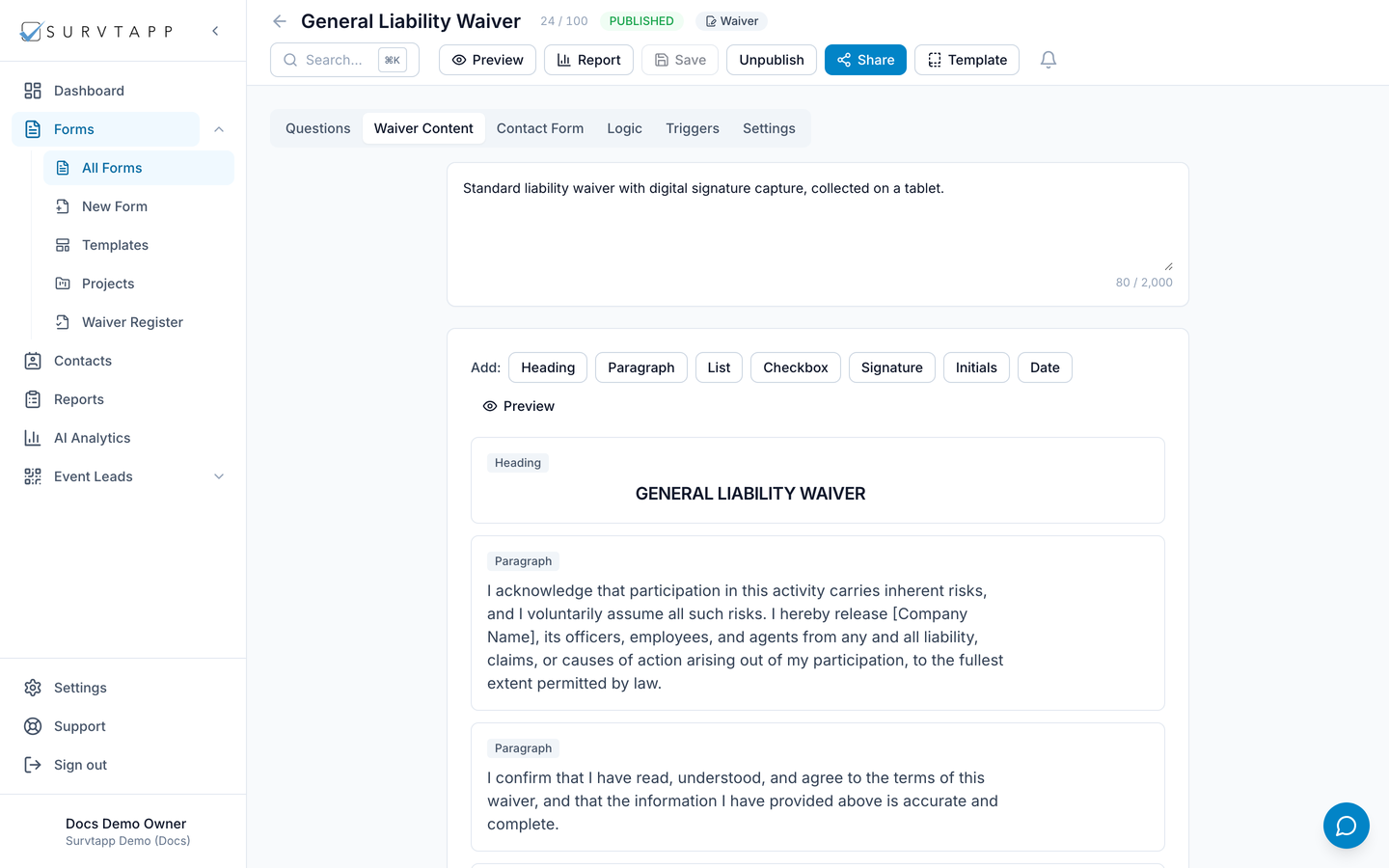 The Survtapp drag-and-drop form builder with question blocks in edit