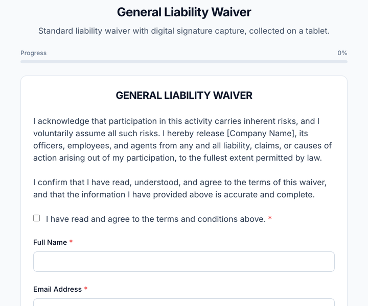 A liability waiver open on a kiosk-locked tablet, ready for a walk-in signer