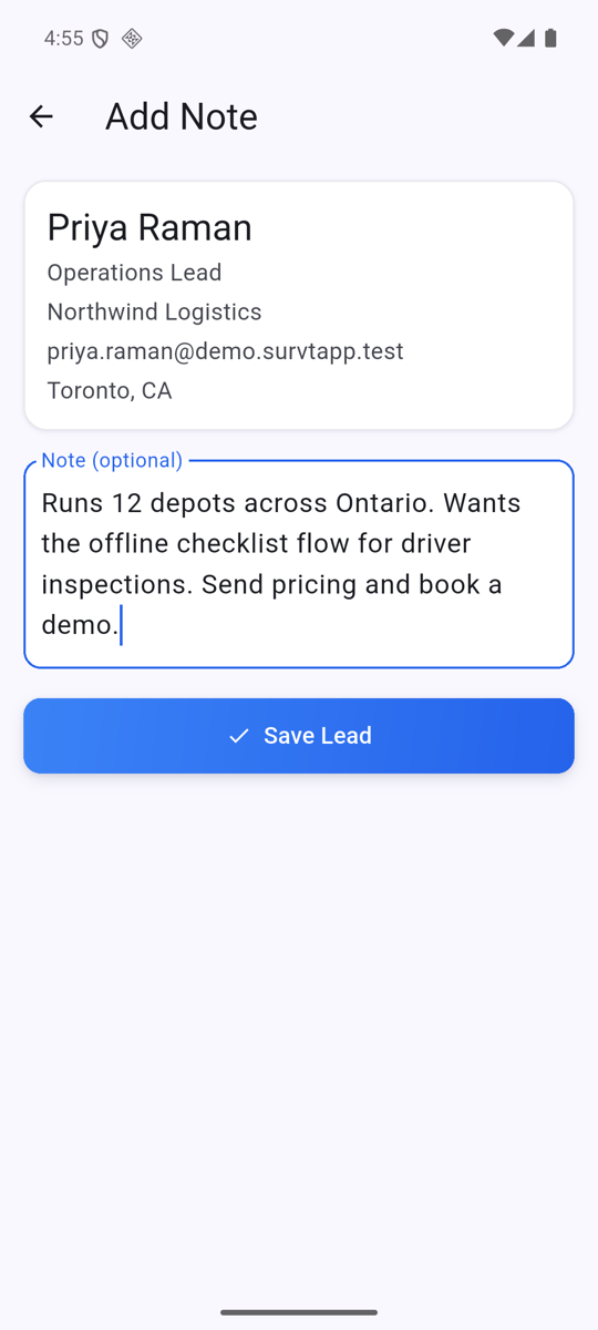 The Survtapp lead capture screen on a phone after scanning a badge: the attendee’s name, job title, company, email and city, with a free-text note and a Save Lead button