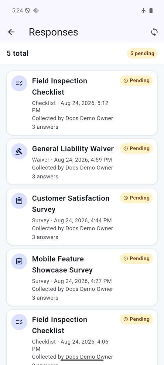 Checklist runs queued alongside waiver and survey responses on an offline device, each keeping its capture time